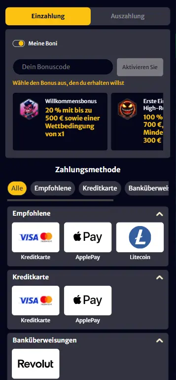 Einzahlung per Sofort, Klarna oder Girocard