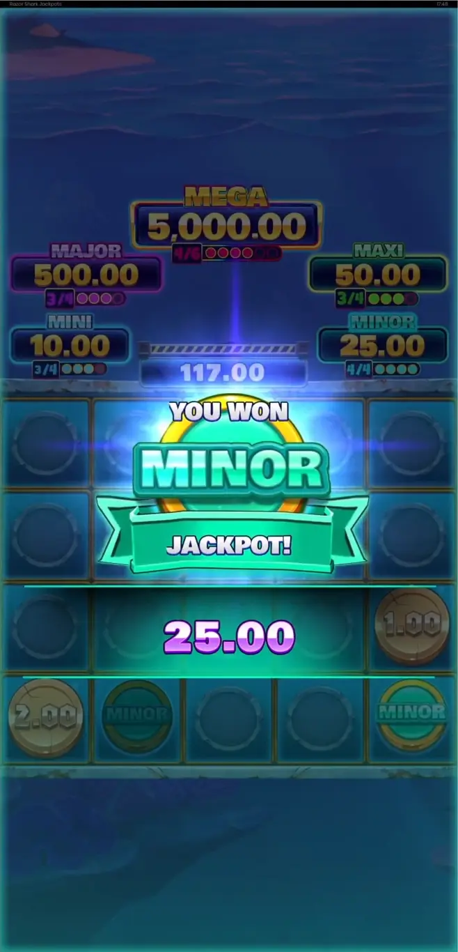 Shark Pot mit aktiven Token-Zählern und Jackpot-Stufenanzeige